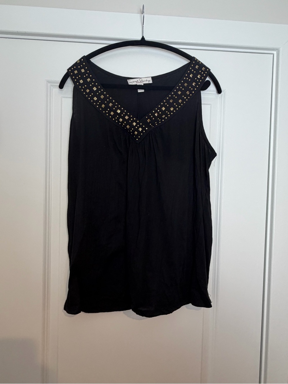 French Laundry Black Sleeveless V‑Neck Tank with Gold Stud Accents